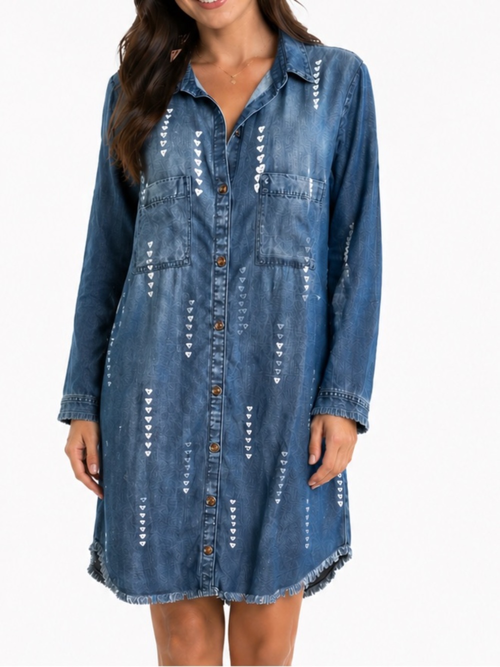 CLOTH & STONE Long Sleeve Washed Blue Denim Shirt Mini Dress w Frayed Hem